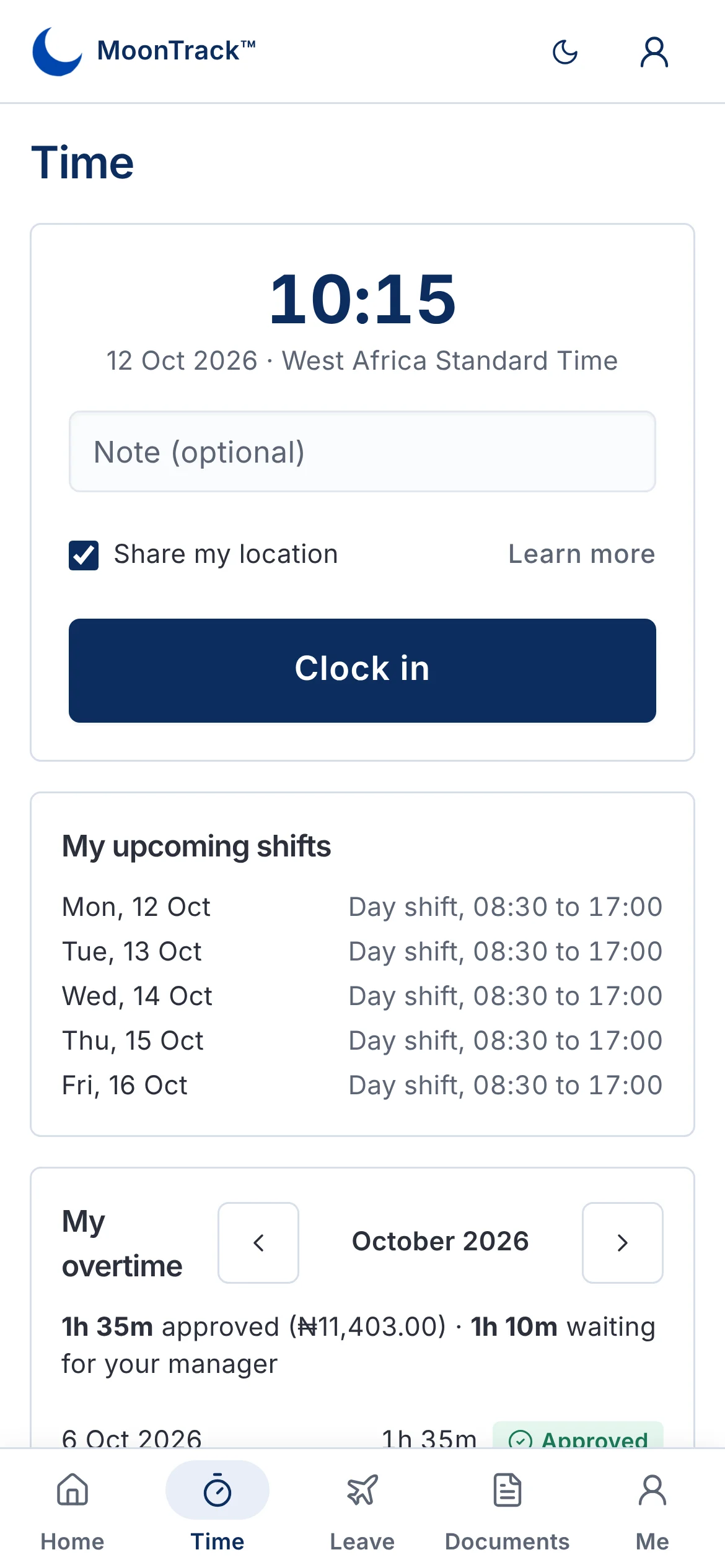 MoonTrack HR employee self-service on mobile.